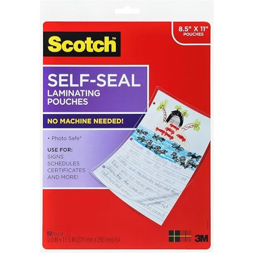 Scotch Self-Seal Laminating Pouches, 9.0 in x 11.5 in Letter Size, Easy to Use and No Laminator Needed, 10 Pack