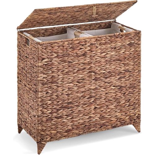 Handwoven Large Laundry Hamper with Lid and 2 Removable Liner Bags, Heightened Feet Natural Hyacinth Clothes Hamper,Wicker Laundry Basket for Clothes and Towels