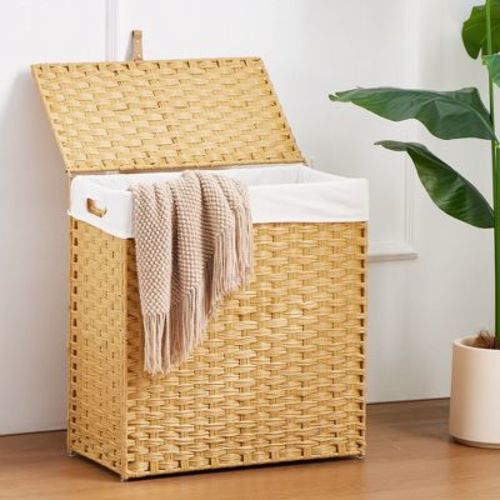 Rattan Design 110L Laundry Hamper with Double - section Liner and Large Capacity, Lid - included, Household Clothes Storage Essential