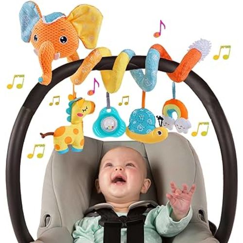 Car Seat Toys for Babies 0-6 Months, Spiral Activity Stroller Toys for Infant 0-6 Months, Hanging Car Seat & Stroller Toys for Baby Toys 3-6 Months with Music Box Rattle Squeaker - Orange Elephant