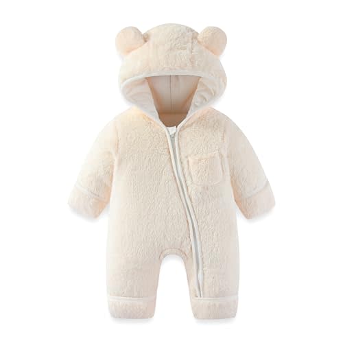 AiWMGL Newborn Baby Bear Outfit With Fold-Over Mittens and Footies Girls Boys Winter Fleece Clothes Hooded Romper Snowsuit
