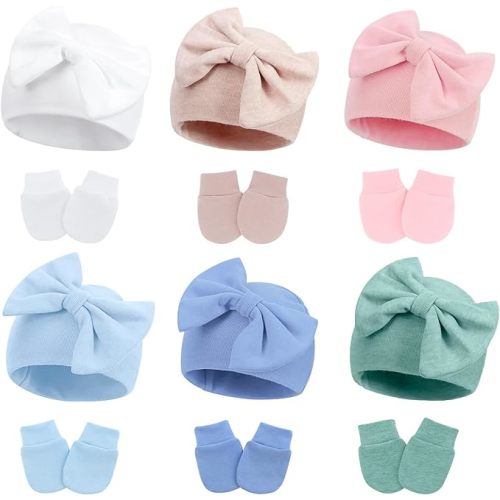 Baby Girl Hats with Bow and Mittens Set, Newborn Girl Hospital Hats with No-Scratch Mitts for infant, Beanie Cap - 6pack