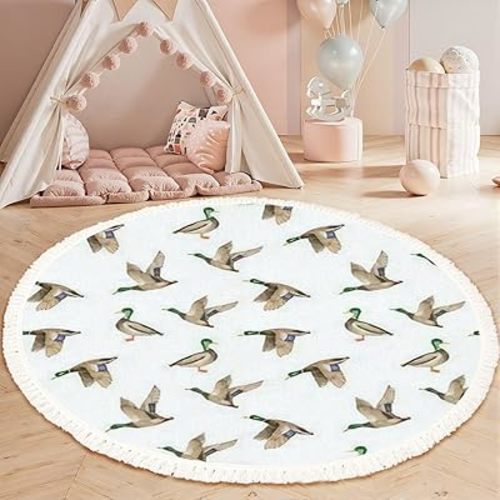 Round Rugs Seamless Birds Wild Ducks Drake White Watercolor Hand Painted Boho Area Rug Linen and Cotton Carpet Meditation Rug Washable Hallway Runner Mat Accent Rugs for Bedroom Nursery 4ft