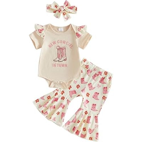 My First Rodeo Baby Girl Outfit Newborn Spring Cowgirl Western Clothes Long Sleeve Romper Bell Bottom Pants 3Pcs Set