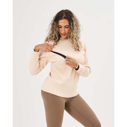 Essential Ribbed Long-Sleeved Breastfeeding Top - Beige