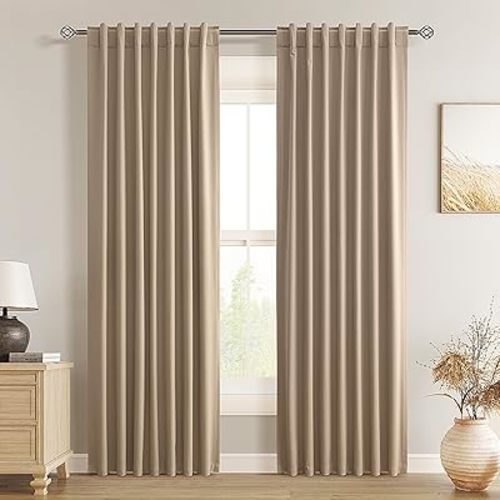 Guken Tan Blackout Curtains 84 Inch Length 2 Panels Set for Living Room Bedroom Back Tab Thermal Insulated 100% Black Out Linen Drapes Room Darkening Window Curtains 84 Inches Long