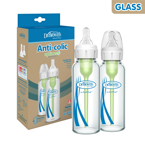Dr. Brown's Natural Anti-Colic Glass Baby Bottle, 2 Pack, 8 oz with Slow Flow Nipple, 0m+