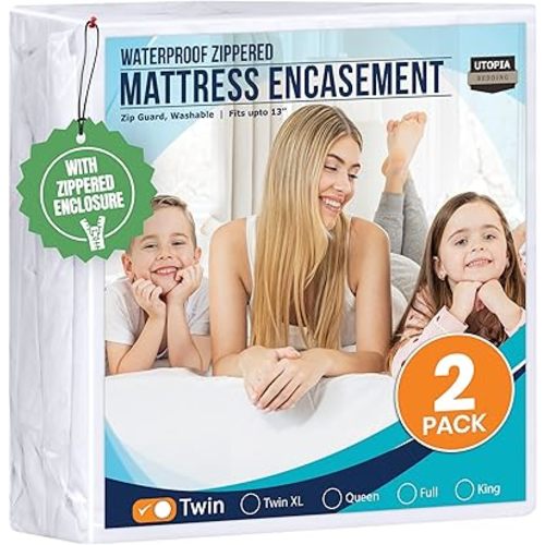 Utopia Bedding Mattress Protector Zippered Twin Size (Pack of 2), 100% Waterproof Bed Bug and Dust Mite Proof Mattress Encasement, Absorbent 6 Sided Mattress Cover