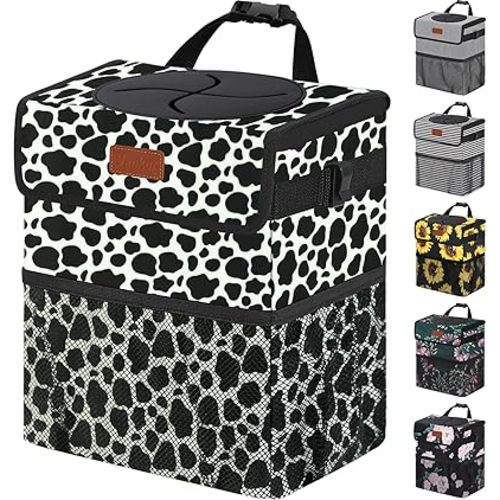 3 Gallons Car Trash Can with Lid, Car Trash Bag Bin Hanging Waterproof Automotive Car Garbage Cans Leak Proof Vehicle Trash Can Cow Print