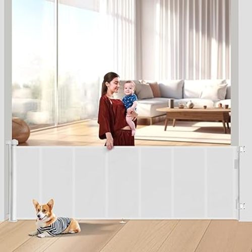 100 inch Retractable Baby Gates 34 inch Tall, Retractable Gate with Reinforced Strip Design to Prevent Crawling Through, 8 FT Extra Wide Retractable Dog Gate for Indoor/Outdoor