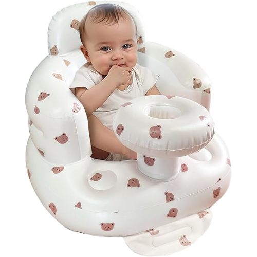 Inflatable Floor Baby Seat with Tray, Inflatable Baby Seat for Babies 3 Months & Up, Built in Air Pump Baby Seats for Kids, Blow Up Baby Chair with Back Support (Bear)