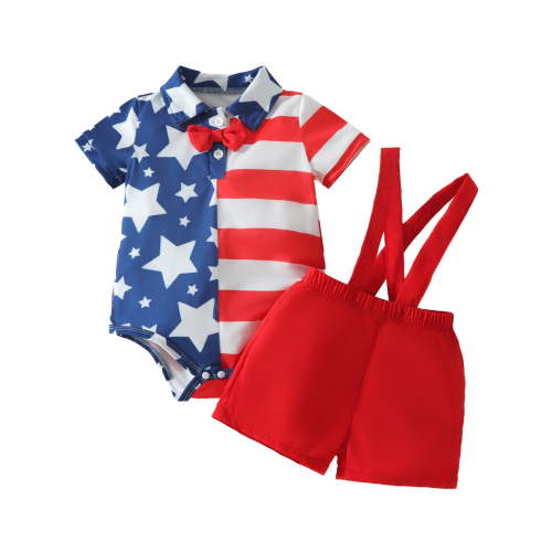 jaweiwi Baby Toddler Boy 4th of July Outfits, 0 3 6 9 12 18 Months Striped Lapel Neck Short Sleeve Romper Elastic Waist Suspender Shorts Summer Clothing Set