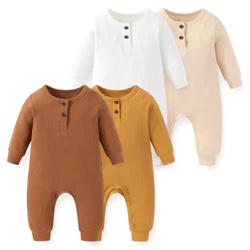JELYLOVE 4 Pack Soild Long Sleeve Baby Boy Girl Romper Infant Jumpsuits | unisex, simple fashion, 95% cotton 5% spandex fabric, bottom snap closure, everyday wear, perfect for new parents