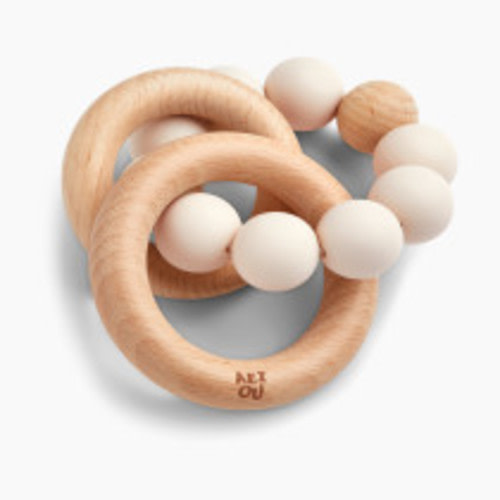 AEIOU Silicone & Wood Multi-Ring Teether - Oat Milk
