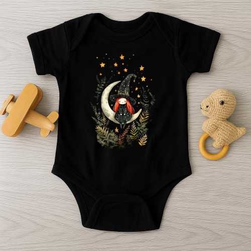 Whimsical Witch Baby Bodysuit, Halloween Baby Outfit, Cute Moon and Stars Baby Clothes, Baby Girl Witch Costume, Fall Baby Shower Gift