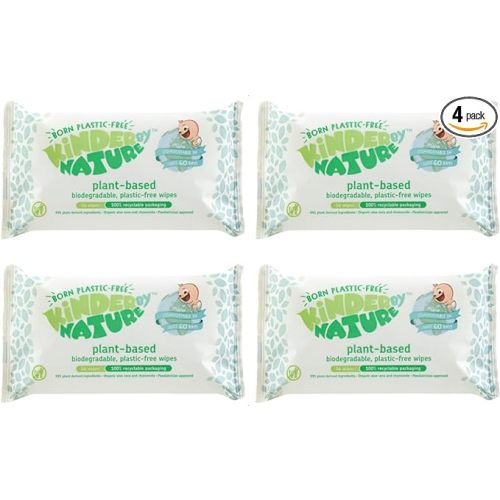Kinder by Nature Plant Based Baby Wipes - 100% Biodegradable & Compostable, 224 Count (4 Packs of 56) - 99% Plant-Based Ingredients, Plastic-Free Wipes - Aloe Vera - 64 Count (Pack of 4)