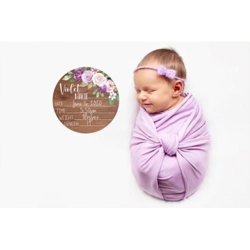 Birth Stat Sign, Round Wood Birth Stat Sign, Violet Floral Birth Stat Sign, Purple Violet Decor, Personalized Birth Stat Sign, Baby Gift F21 - Etsy