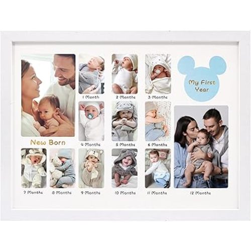 My First Year 12 Month Picture Frame,Baby Keepsake Photo Frame with Double Mat,13x17 Collage Frame Wall Hanging for Nursery Decor 14 Photo Inserts,New Mom Gift,White