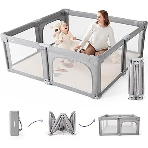 Sweeby Baby Playpen, 59x59 Inch Baby Gate Foldable Playpens for Babies and Toddlers, Extra Large Playpen with Door Play Yard for Baby Fence Indoor and Outdoor Play Pen, Grey