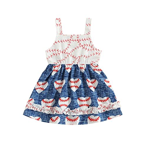 BULINGNA Infant Baby Girl Summer A-line Dress Sleeveless Sling Heart Baseball Printed Mini Dress