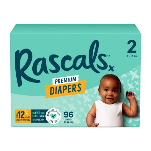 Rascals Premium Absorbent Baby Diapers Size 2, 96 Count