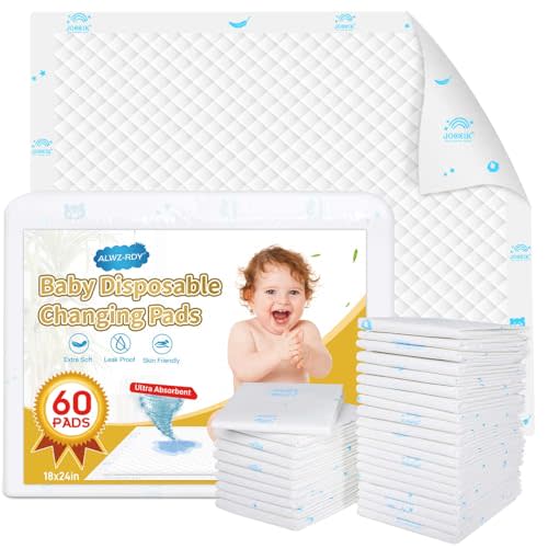 Disposable Changing Pads for Baby 18 x 24 inches (60 Pack), Super Soft Cotton Surface, Ultra Absorbent & Waterproof, Breathable Baby Disposable Changing Pad, Mess Free and Designed for Baby Use