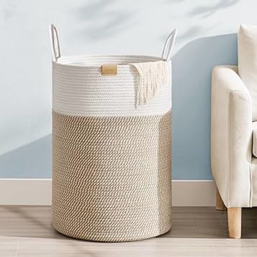 75L Laundry Hamper Basket,Baby Nursery Woven Storage Basket for Toys Bin,Pillows,Blankets,Clothes,Brown&White