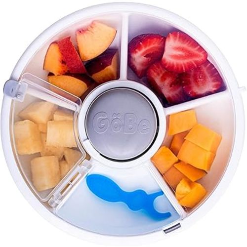 Kids Snack Spinner Bundle with Hand Strap and Sticker Sheet - Reusable Snack Container with 5 Compartment Dispenser and Lid | BPA and PVC Free | Dishwasher Safe | No Spill, Leakproof