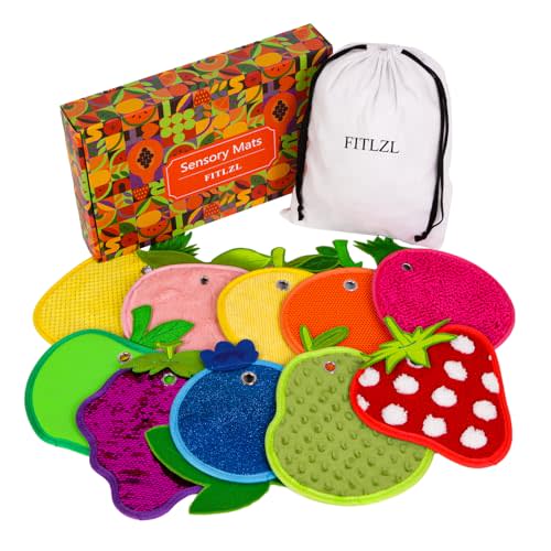 FITLZL Sensory Mats, Fruit Shaped, Assorted Textured Sensory Tiles for Kids and Autistic Children, Sensory Toys for Tactile Play and Multi Sensory Exploration, Sensory Wall and Floor Panels, 10 Piece.
