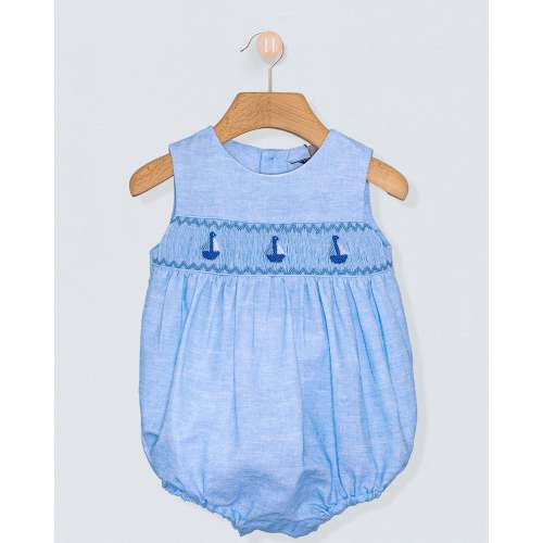 Cruise Italian Pastel Blue Linen Romper - FLEURISSE - 12/18M