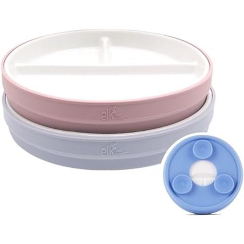Elk and Friends Kids 6.7” Porcelain Divided Plates with Silicone Suction Sleeves | Suitable for Babies/Kids/Toddlers | Microwave & Dishwasher Safe | Non Slip | Snack Dishes