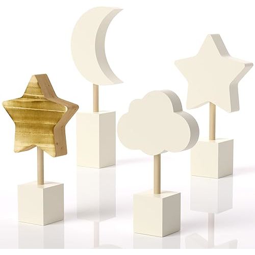 4 Pcs Wooden Nursery Shelf Decor, Cloud Moon and Stars Nursery Decor Space Nursery Decor Boho Nursery Baby Room Decor Bohemian Baby Decor for Girl Boy Kids