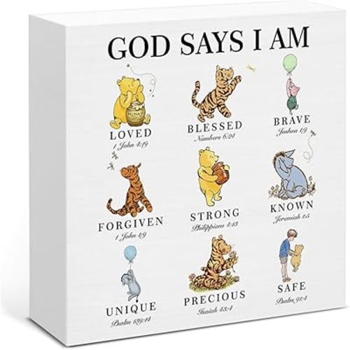 Pooh Bear Christian Decor, Inspirational Gifts for Kids Teen God Says I Am Wooden Sign for Nursery Classrooms Bedroom Shelf, Bible Verse Decorations 5 x 5 Inches
