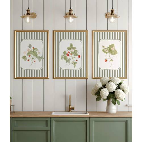 Strawberry green stripes prints set of 3, vintage botanical kitchen painting, cottagecore berries posters, printable wall art