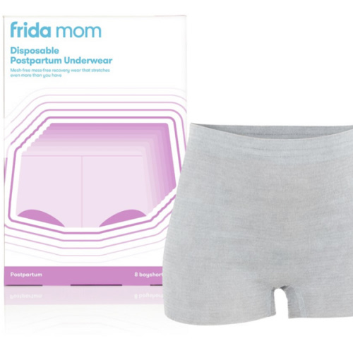 Frida Mom Women's Postpartum Underwear, Disposable Boyshort Underwear, Seamless with Stretchy Support, Postpartum Essentials, Size Petite (Waist 23"-34" Stretched), 8 Count Feminine Care, Grey