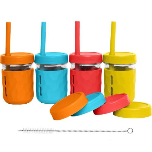 WeeSprout Glass Cups with Lids & Straws, Spill-Resistant Cups for Toddlers & Kids, Set of 4