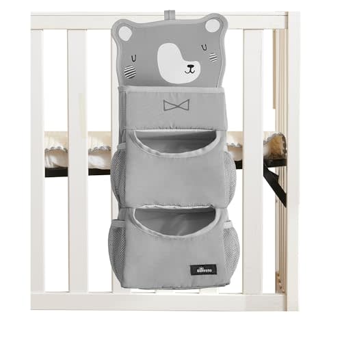 SUNEVNO Hanging Baby Diaper Caddy Organizer Diaper Stacker, Baby Crib Hanging Classified Storage Bag Organizer for Changing Table Crib Playard or Wall & Nursery Organization (Gray Bear)