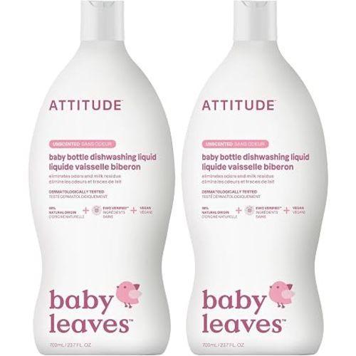 ATTITUDE Baby Bottle & Dish Soap, EWG Verified Bottle Cleaner, Fragrance Free & Dye Free, Removes Milk Residue & Grease, Vegan, Unscented, 700 mL (Pack of 2)