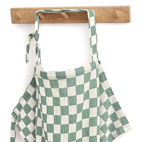 Blissful Diary Muslin Nursing Cover for Breastfeeding, Breathable Breastfeeding Cover up with Arch Neckline for Women, Nursing Apron (Sage Checkboard)