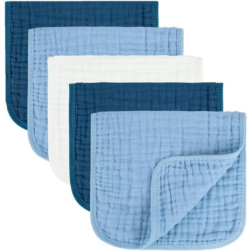 Baby Burp Cloths 100% Cotton Newborn Muslin Burp Cloths 10x20 inches Baby Essentials Blue&White 5-Pack