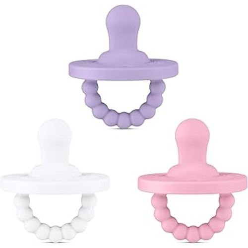 Ryan & Rose Cutie PAT All-in-One Pacifier and Teether Massaging Teething Ring and Hideaway Binky for Growing Babies (Bliss (3 Pack), Flat)