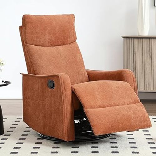 Manual Rocker Swivel Recliner Chair for Adults, Overstuffed Recliner Glider with Massage and Heat, Comfy Soft Fabric, Living Room Reclining Sofa Chair, Orange