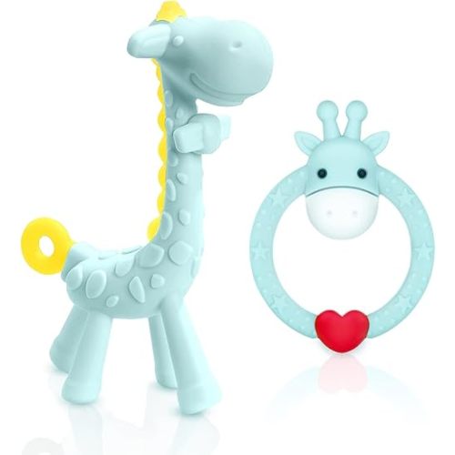 SHARE&CARE BPA Free Silicone Giraffe and Giraffe Ring Baby Teething Toy with Storage Case, for 3 Months Above Infant Sore Gums Pain Relief, Set of 2 Different Teethers (Blue)