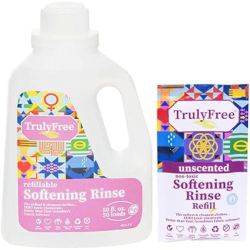 Truly Free Fabric Softening Conditioner for Clothes| Safe for Babies & Kids with Sensitive Skin | Plant-Based | Include 1 Refillable 50oz Bottle with Measuring Cap| Unscented Rinse(50 Loads)