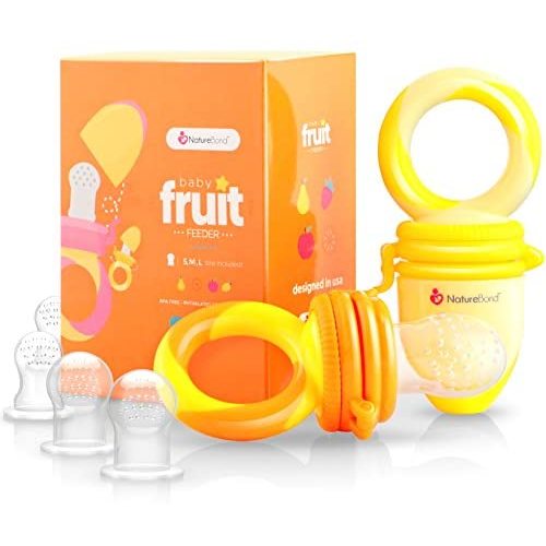 NatureBond Baby Food Feeder/Fruit Feeder Pacifier (2 Pack) - Infant Teething Teether | Includes Additional Silicone Sacs - Sunshine Orange and Lemonade Yellow