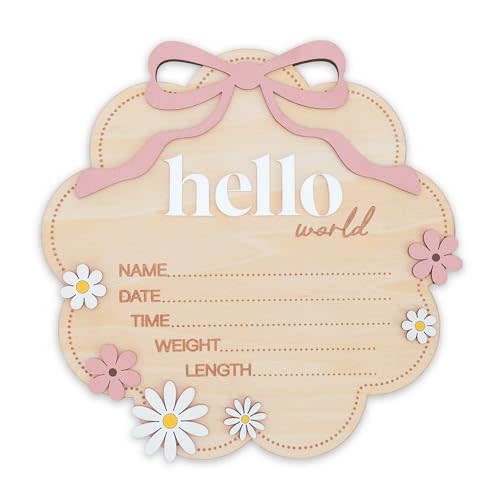 TTMerriwood Hello World Wooden Baby Birth Announcement Sign with Pink Bow, Cloud Shape Floral Newborn Name Date Time Weight Length Board, Baby Girl Nursery Photo Prop (Light Pink)