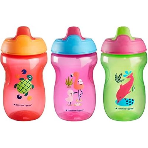 Tommee Tippee Sippee Cup, 9m+, 10oz, Pack of 3 Non-Spill Water Bottles for Toddlers, Red, Purple and Green, Bite-Resistant Spout, Easy to Hold, Leak-Proof and BPA Free