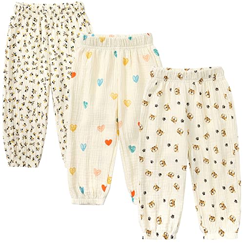 GFQLONG Toddler Baby Girls 3 Pack Elastic Waist Pants Soft Cotton Linen Harem Bloomers Summer Fall Long Pants