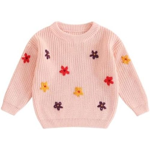 Infant Toddler Baby Girl Knit Sweater Long Sleeve Floral Embroidery Pullover Sweatshirt Warm Fall Winter Clothes