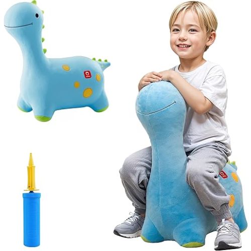 QPAU Colourful Bouncy Dinosaur, Soft Plush Covered Bouncy Pal for Toddlers 1-3, Bouncy Animal Hopper, Inflatable Ride on Bouncer for Toddler, Baby Girl Boy Toy Gift 18 Month 2 3 4 5 Year Old